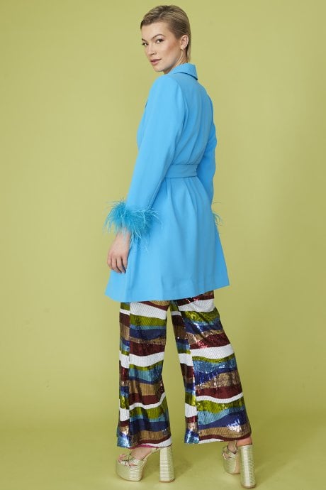 JAYLEY Blue Rayon Blend Feather Trim Midi Coat