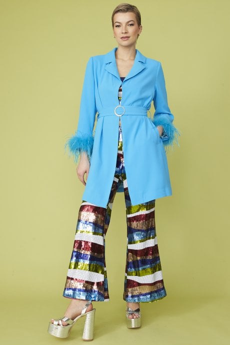JAYLEY Blue Rayon Blend Feather Trim Midi Coat