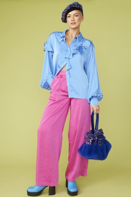 JAYLEY Blue Rayon Blend Ruffle Blouse