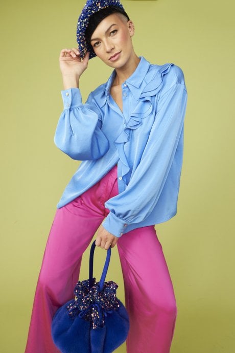 JAYLEY Blue Rayon Blend Ruffle Blouse