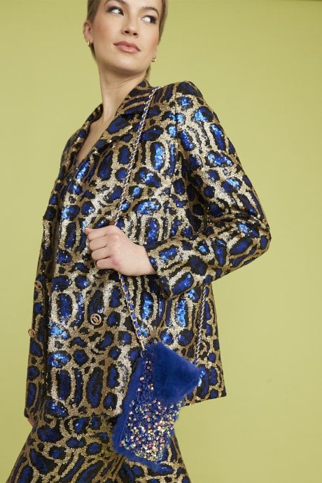 JAYLEY Blue Sequin and Faux Fur Phone Holder