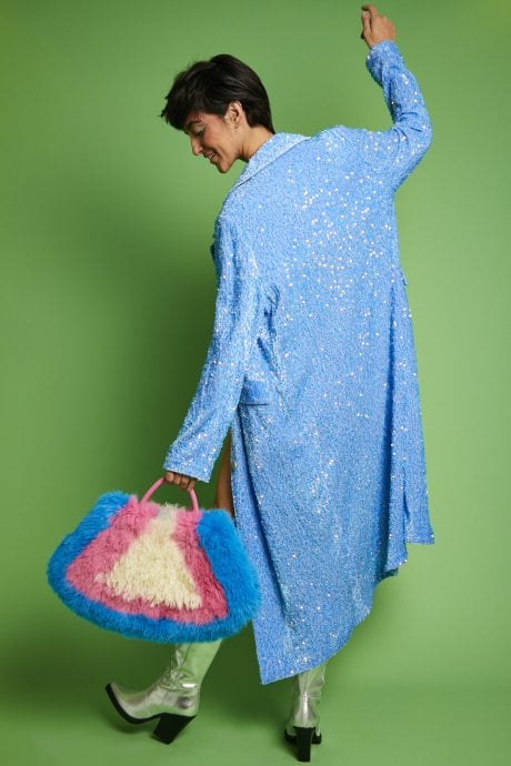 JAYLEY Blue Sequin Velvet Trench Coat