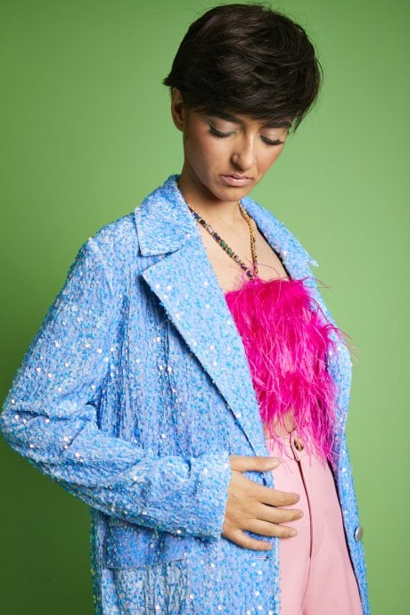 JAYLEY Blue Sequin Velvet Trench Coat