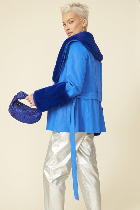 JAYLEY Blue Shorted Belted Coat With Faux Fur Cuffs And Collar