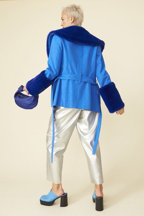 JAYLEY Blue Shorted Belted Coat With Faux Fur Cuffs And Collar