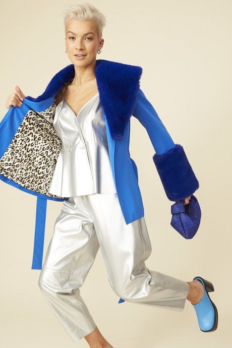 JAYLEY Blue Shorted Belted Coat With Faux Fur Cuffs And Collar