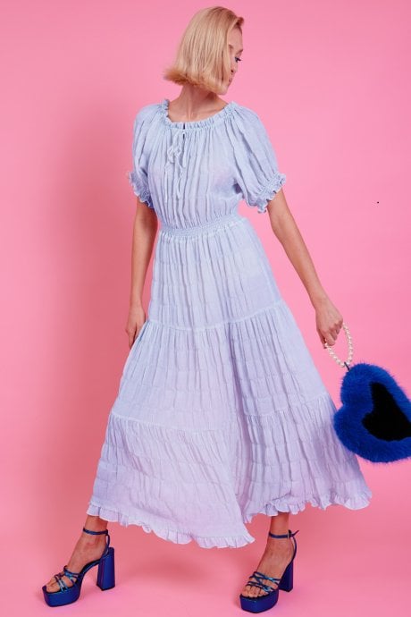 JAYLEY Blue Silk Blend Maxi Ruffle Dress