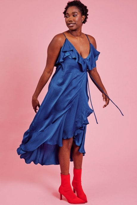 JAYLEY Blue Silk Blend Maxi Ruffle Dress
