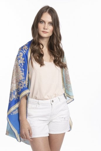JAYLEY Blue Silk Blend Print Kimono Wrap