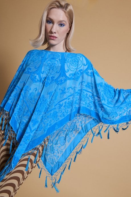 JAYLEY Blue Silk Devore Poncho
