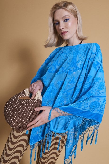 JAYLEY Blue Silk Devore Poncho