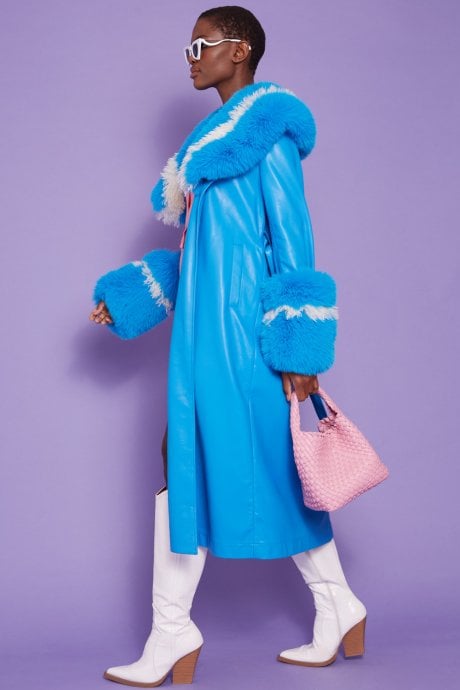 JAYLEY Blue Tencel Blend Eco Leather Trench Coat