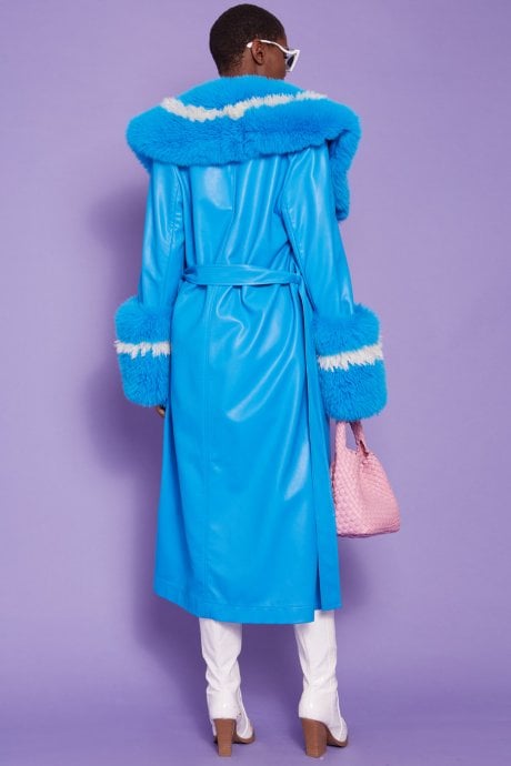 JAYLEY Blue Tencel Blend Eco Leather Trench Coat