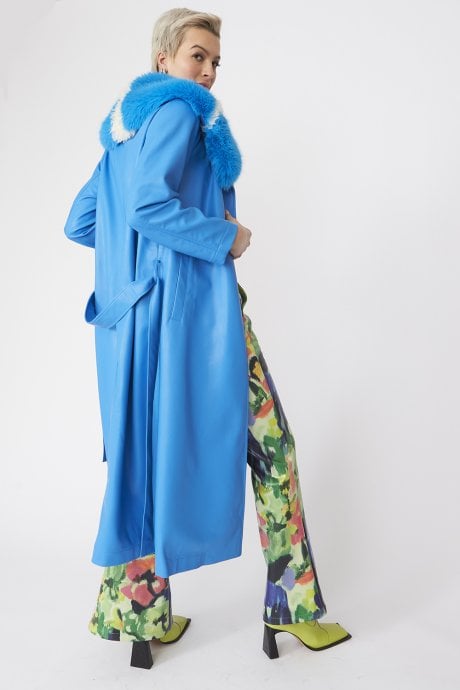 JAYLEY Blue Tencel Blend Eco Leather Trench Coat