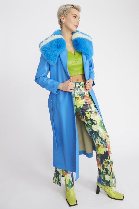 JAYLEY Blue Tencel Blend Eco Leather Trench Coat