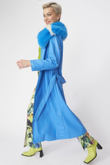 JAYLEY Blue Tencel Blend Eco Leather Trench Coat