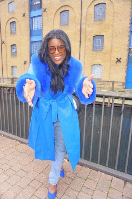 JAYLEY Blue Trench Style Belted Coat With Faux Fur Cuffs And Collar