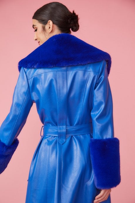 JAYLEY Blue Trench Style Belted Coat With Faux Fur Cuffs And Collar
