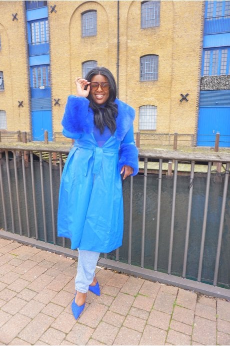 JAYLEY Blue Trench Style Belted Coat with Faux Fur Cuffs and Collar