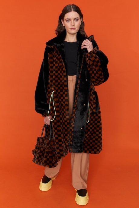 JAYLEY Brown And Black Checkered Faux Fur Bag Faux Fur Bag