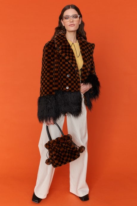 JAYLEY Brown And Black Checkered Faux Fur Bag Faux Fur Bag