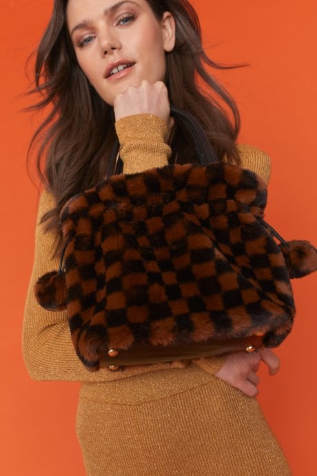 JAYLEY Brown and Black Checkered Faux Fur Bag Faux Fur Bag