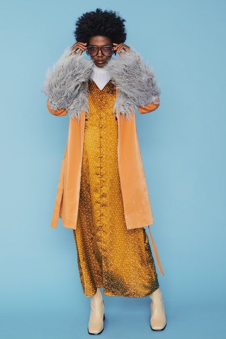 JAYLEY Brown And Grey Mongolian Fur And Faux Suede Coat