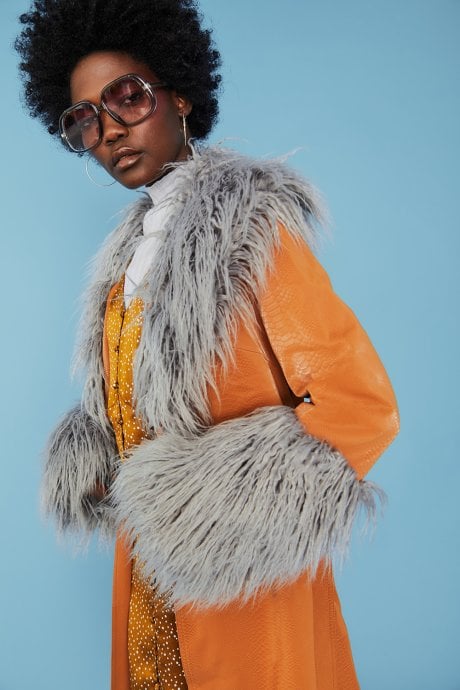 JAYLEY Brown And Grey Mongolian Fur And Faux Suede Coat