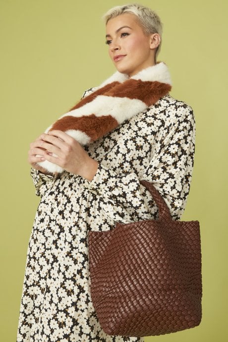 JAYLEY Brown And White Faux Fur Barber Style Scarf