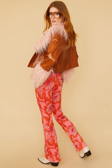 JAYLEY Brown Faux Leather Biker Jacket With Pink Mongolian Fur Cuffs And Collar