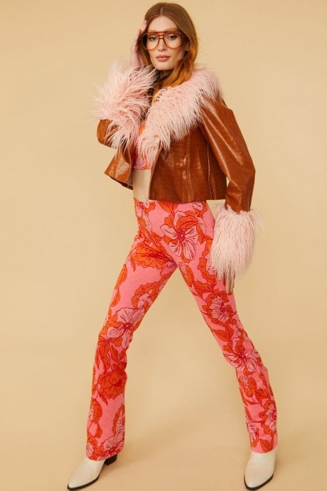 JAYLEY Brown Faux Leather Biker Jacket With Pink Mongolian Fur Cuffs And Collar