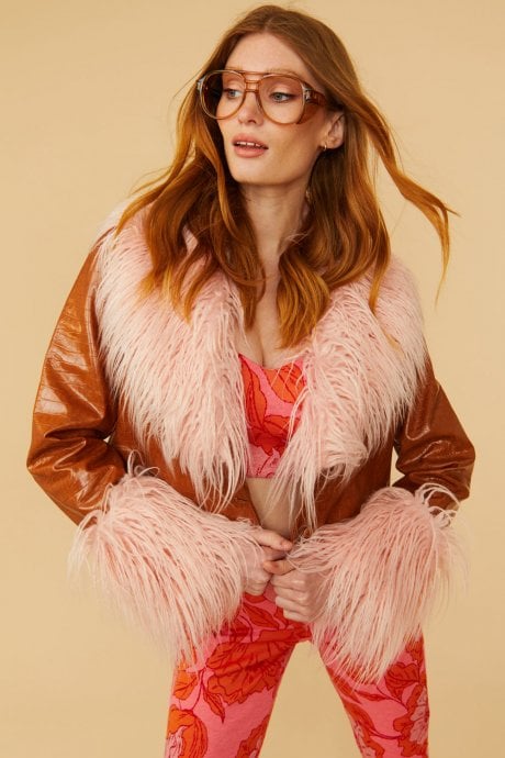 JAYLEY Brown Faux Leather Biker Jacket with Pink Mongolian Fur Cuffs And Collar