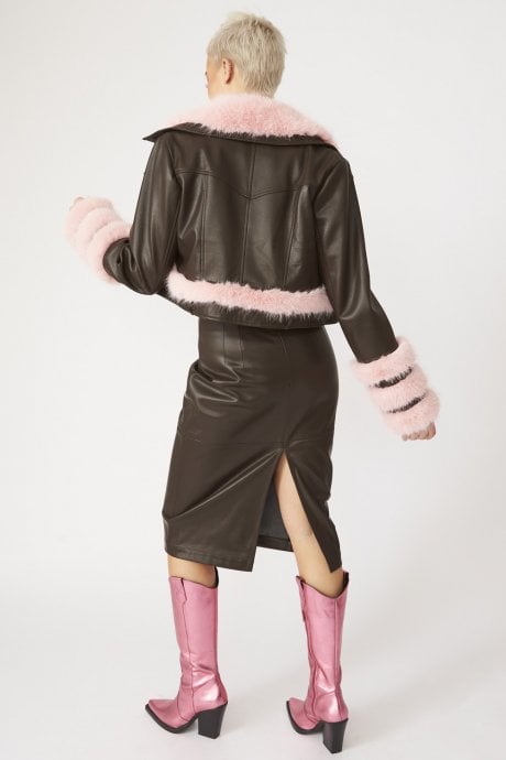 JAYLEY Brown Faux Leather With Pink Faux Fur Biker Jacket
