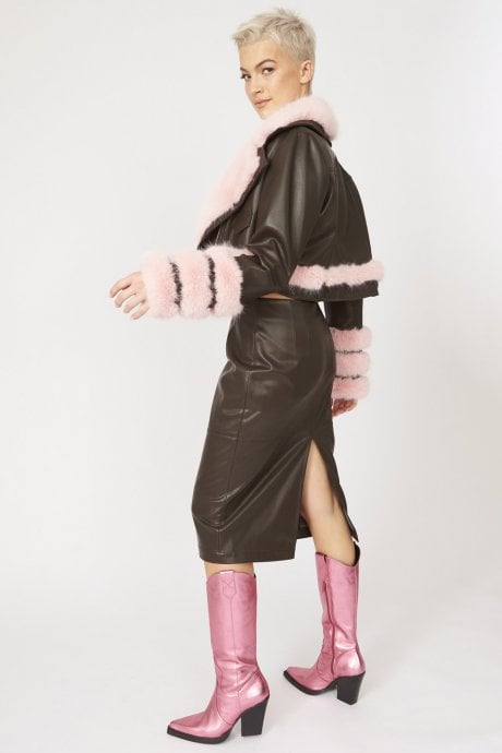 JAYLEY Brown Faux Leather With Pink Faux Fur Biker Jacket