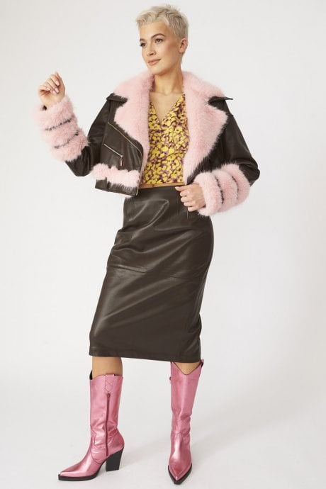 JAYLEY Brown Faux Leather with Pink Faux Fur Biker Jacket