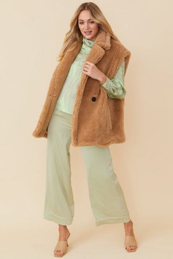 JAYLEY Brown Faux Shearling Midi Gilet | Waistcoat