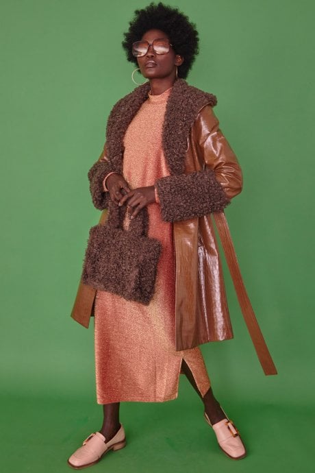 JAYLEY Brown Faux Suede Coat With Detachable Faux Shearling Cuffs & Collar