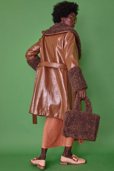 JAYLEY Brown Faux Suede Coat With Detachable Faux Shearling Cuffs & Collar