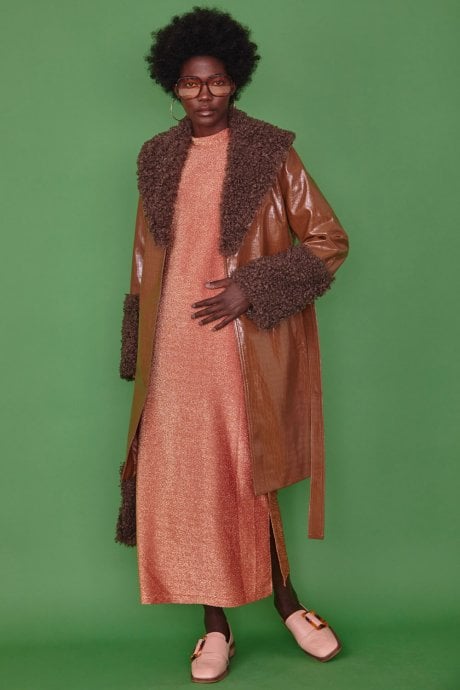 JAYLEY Brown Faux Suede Coat With Detachable Faux Shearling Cuffs & Collar