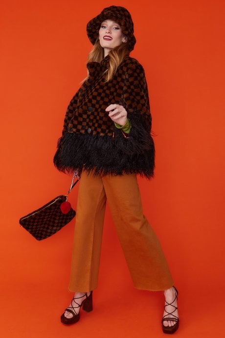 JAYLEY Brown Luxury Checkered Faux Fur Bag