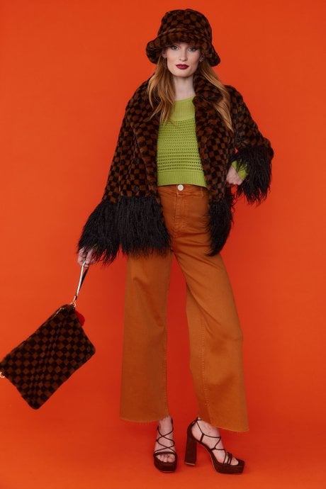 JAYLEY Brown Luxury Checkered Faux Fur Bag