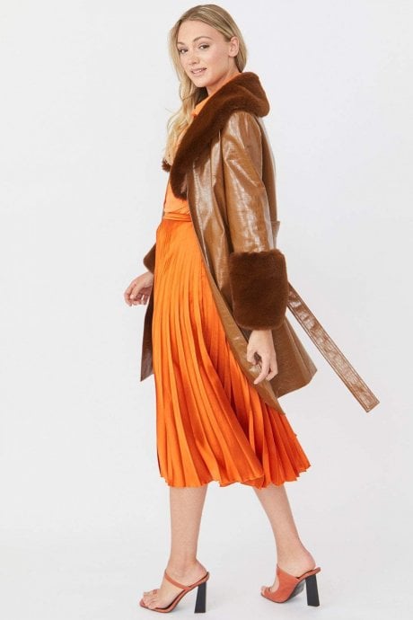 JAYLEY Brown Luxury Faux Leather Aubrey Coat With Detachable Faux Fur Cuffs & Collar