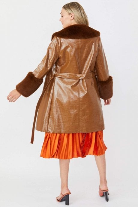 JAYLEY Brown Luxury Faux Leather Aubrey Coat With Detachable Faux Fur Cuffs & Collar