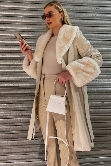 JAYLEY Brown Luxury Faux Leather Aubrey Coat With Detachable Faux Fur Cuffs & Collar