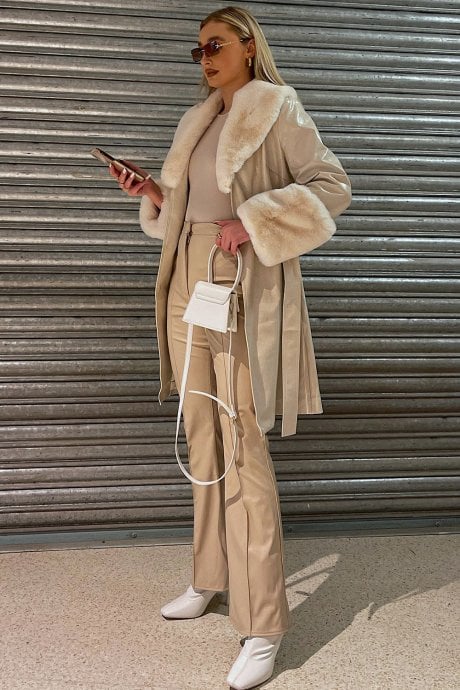 JAYLEY Brown Luxury Faux Leather Aubrey Coat With Detachable Faux Fur Cuffs & Collar