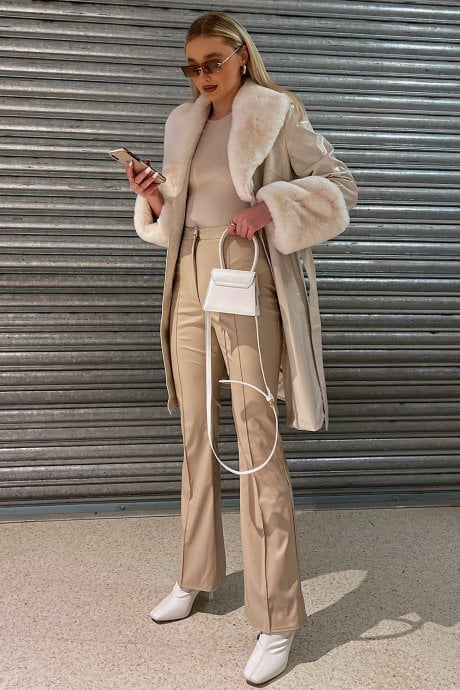 JAYLEY Brown Luxury Faux Leather Aubrey Coat With Detachable Faux Fur Cuffs & Collar