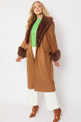 JAYLEY Brown Oversized Faux Suede Jacket With Detachable Faux Fur Cuffs & Collar