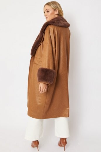 JAYLEY Brown Oversized Faux Suede Jacket With Detachable Faux Fur Cuffs & Collar