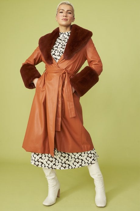 JAYLEY Brown Trench Style Belted Coat With Faux Fur Cuffs And Collar