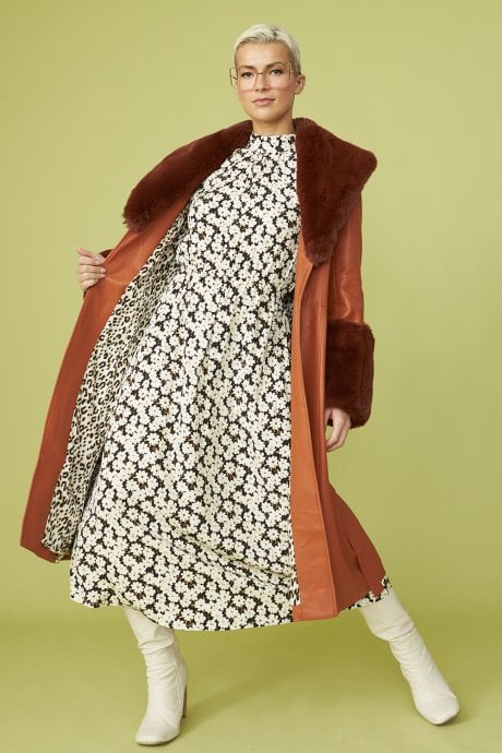 JAYLEY Brown Trench Style Belted Coat With Faux Fur Cuffs And Collar